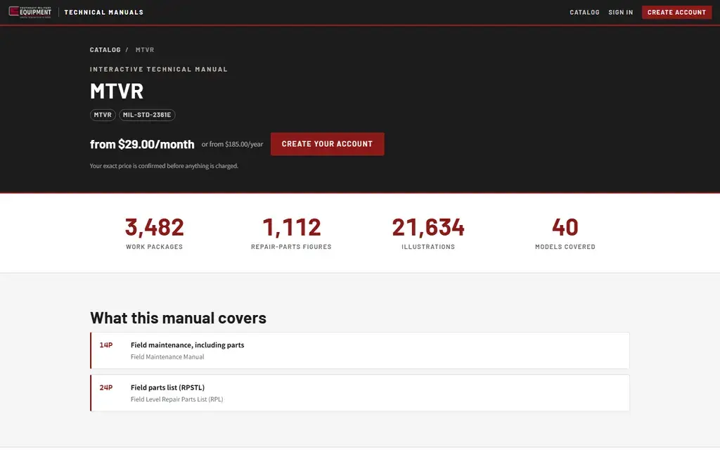 EMS Web catalog page for the MTVR manual, showing 3,482 work packages and 1,112 repair-parts figures